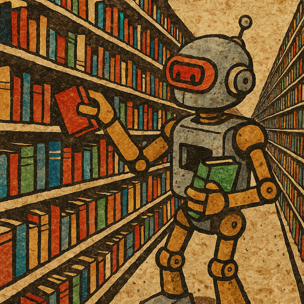 Create a raw image of the visual metaphor below: Robotic librarian sorting infinite bookshelves. Required Style: Raw, fun, & grungy paper cut-out animation