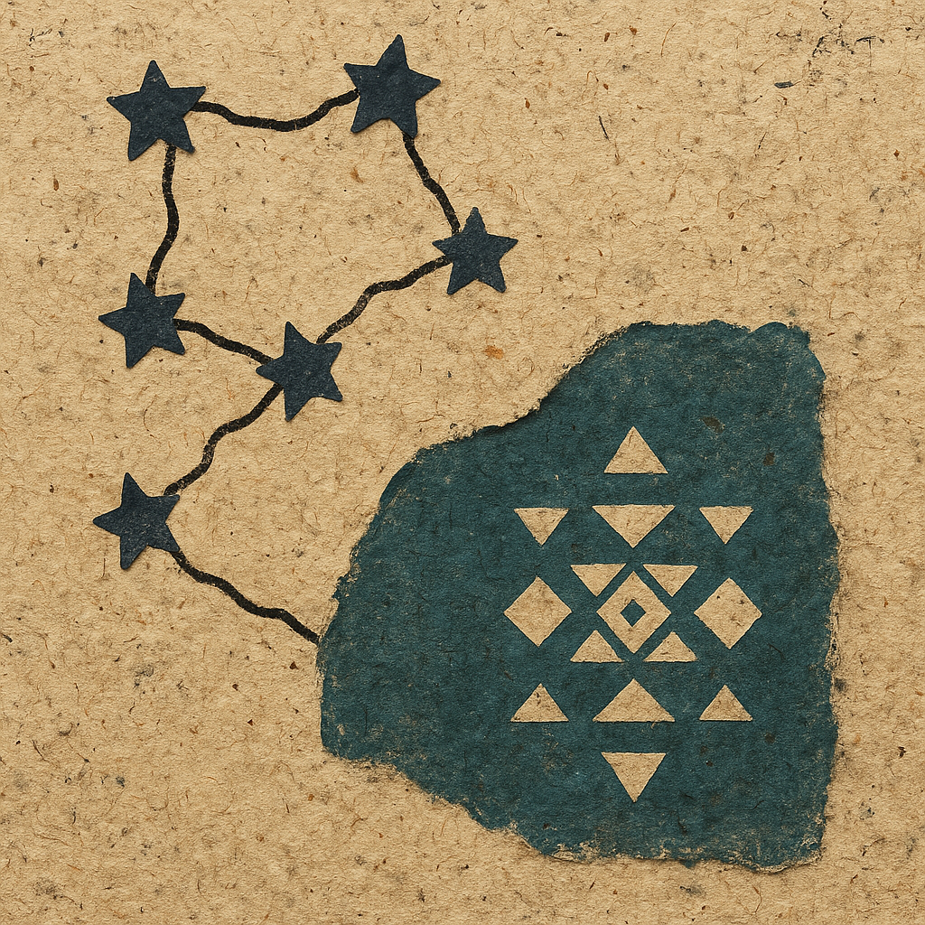 Create a raw image of the visual metaphor below: Star constellation revealing hidden patterns. Required Style: Raw, fun, & grungy paper cut-out animation