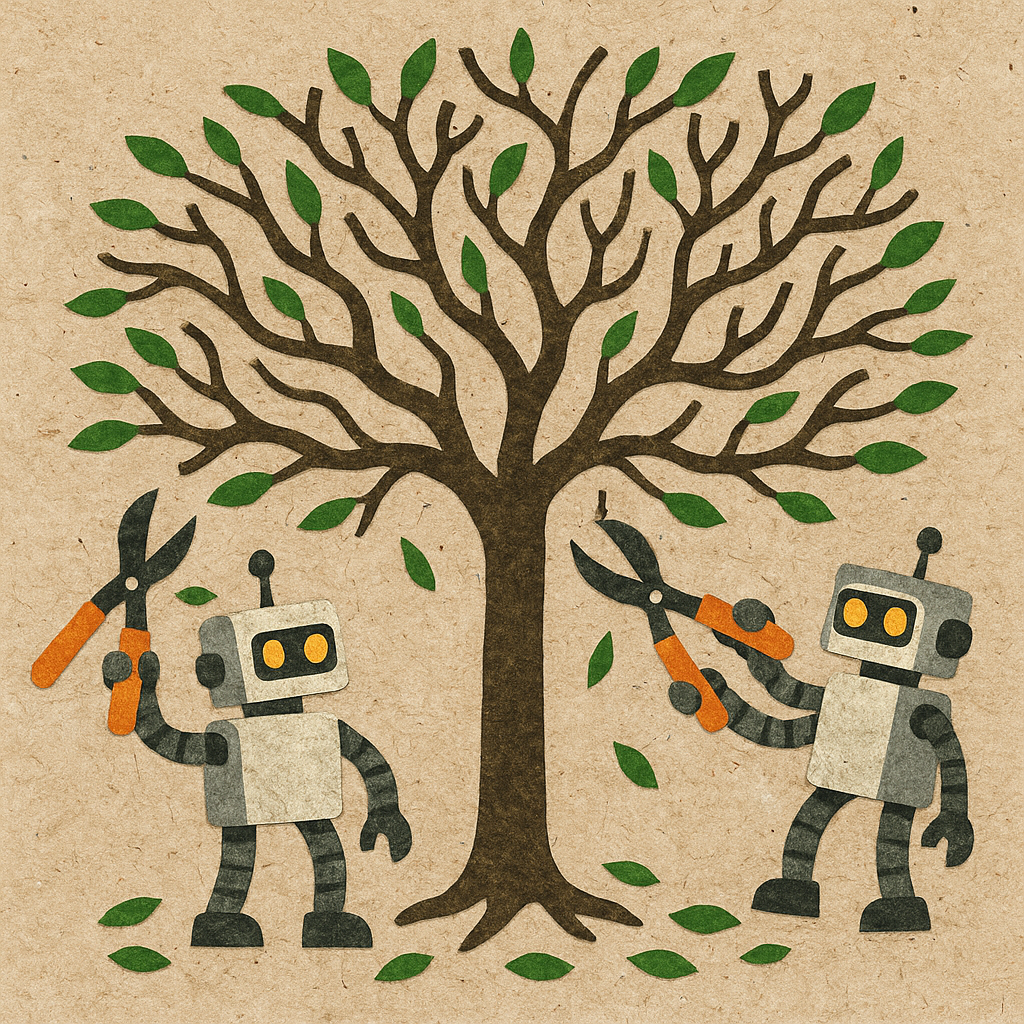 Create a raw image of the visual metaphor below: Branching tree shaped by robotic gardeners pruning thoughtfully Required Style: Raw, fun, & grungy paper cut-out animation